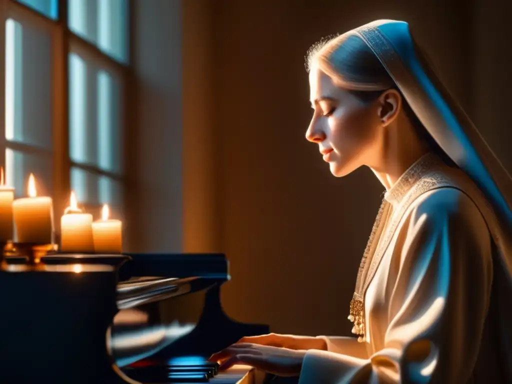 La vida y espiritualidad de Elisabeth of the Trinity se reflejan en esta impresionante imagen detallada de ella tocando el piano en una habitación iluminada suavemente por la luz del sol