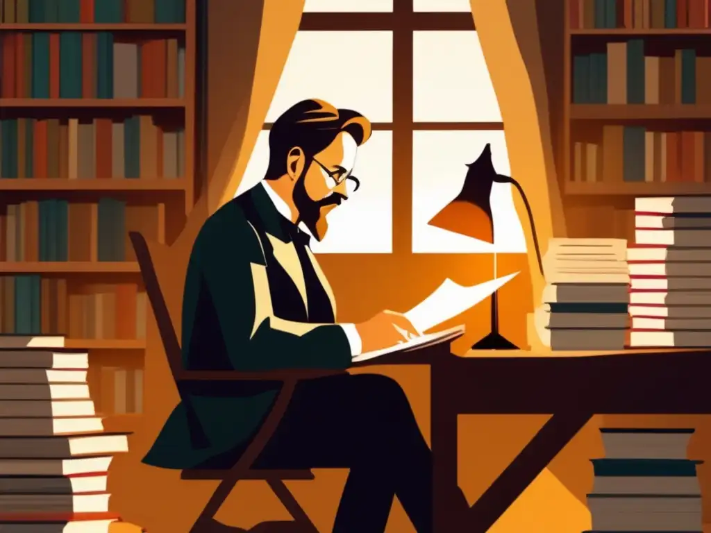 Vida y obra de Anton Chéjov: Ilustración moderna de Chéjov en su escritorio, rodeado de libros y papeles, con luz suave y expresión reflexiva