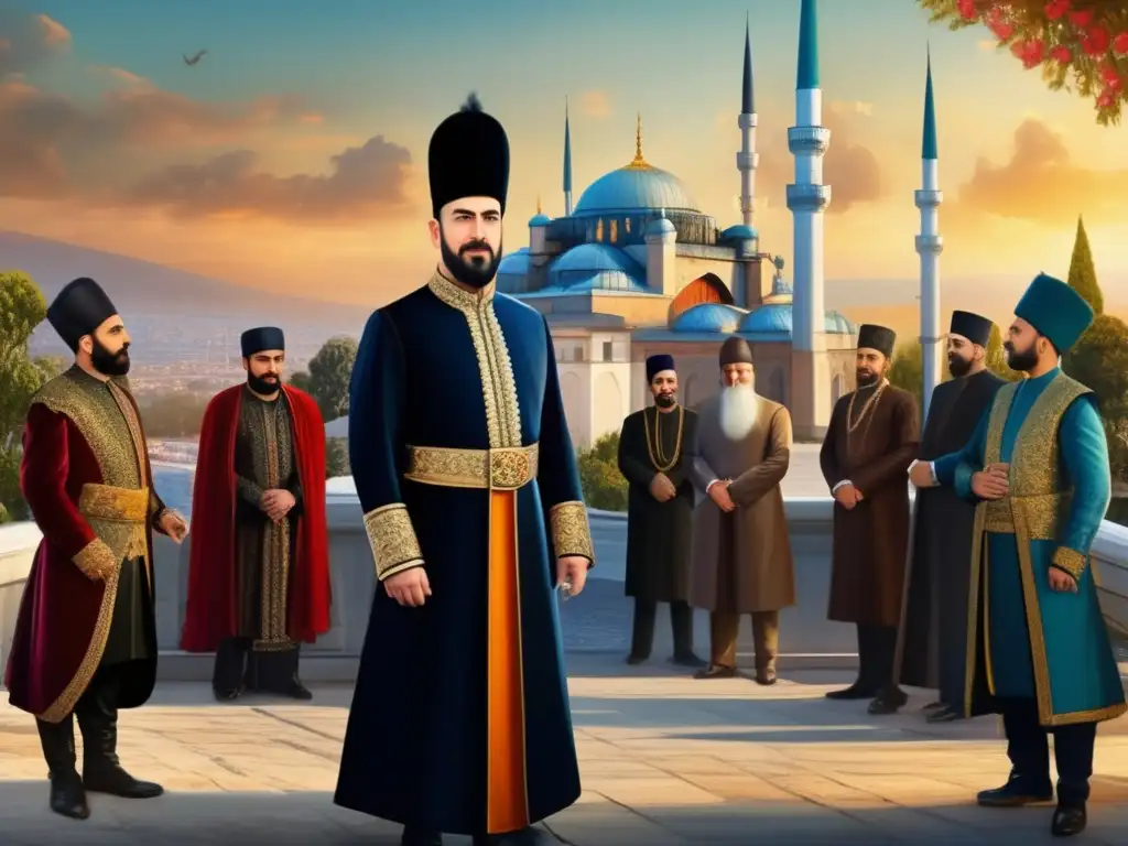 Biografía Pargalı İbrahim Paşa vida y obra: Pargalı İbrahim Paşa, poderoso y magnífico, rodeado de leales consejeros en el opulento Palacio Topkapi