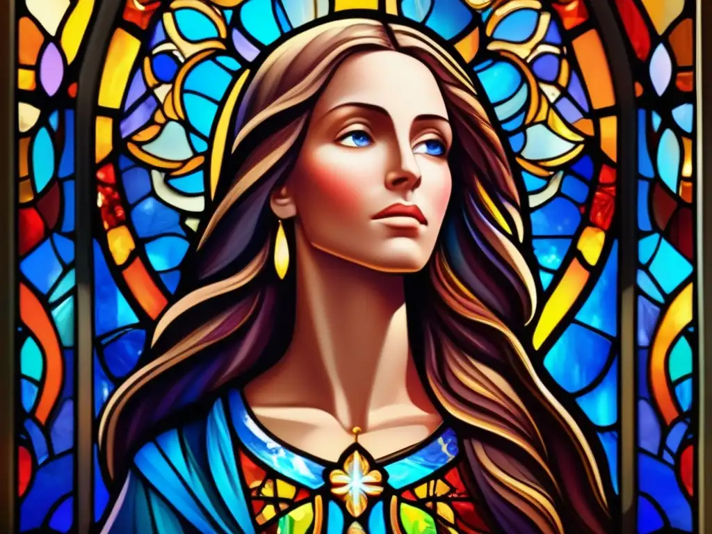 María Magdalena contempla una vidriera vibrante, exudando enigma y sabiduría ancestral