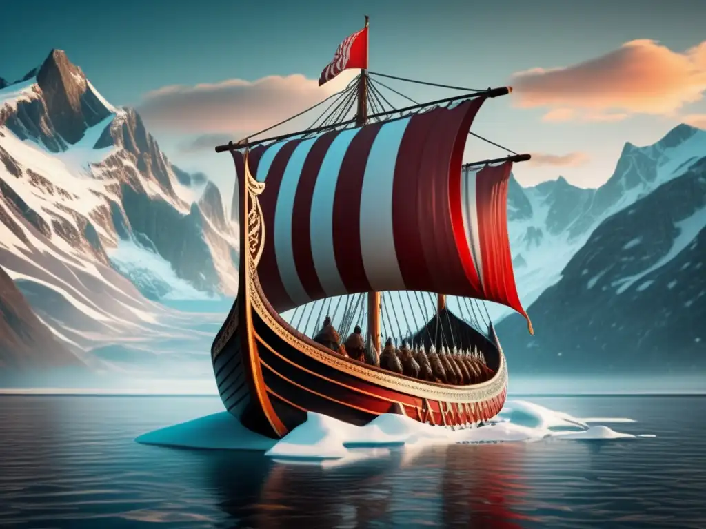 Un Vikingo navegando en un barco épico a través de aguas heladas y montañas nevadas, con una sensación de aventura y exploración