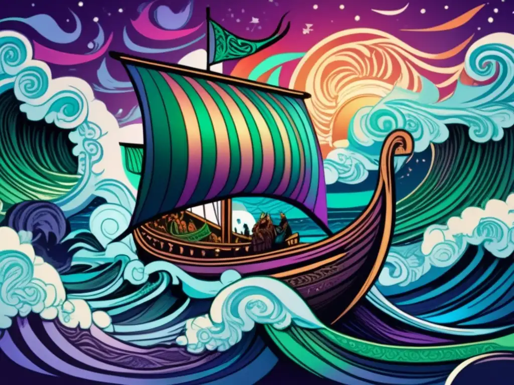 Un vikingo navegando en un barco durante una tormenta bajo un cielo lleno de colores aurorales