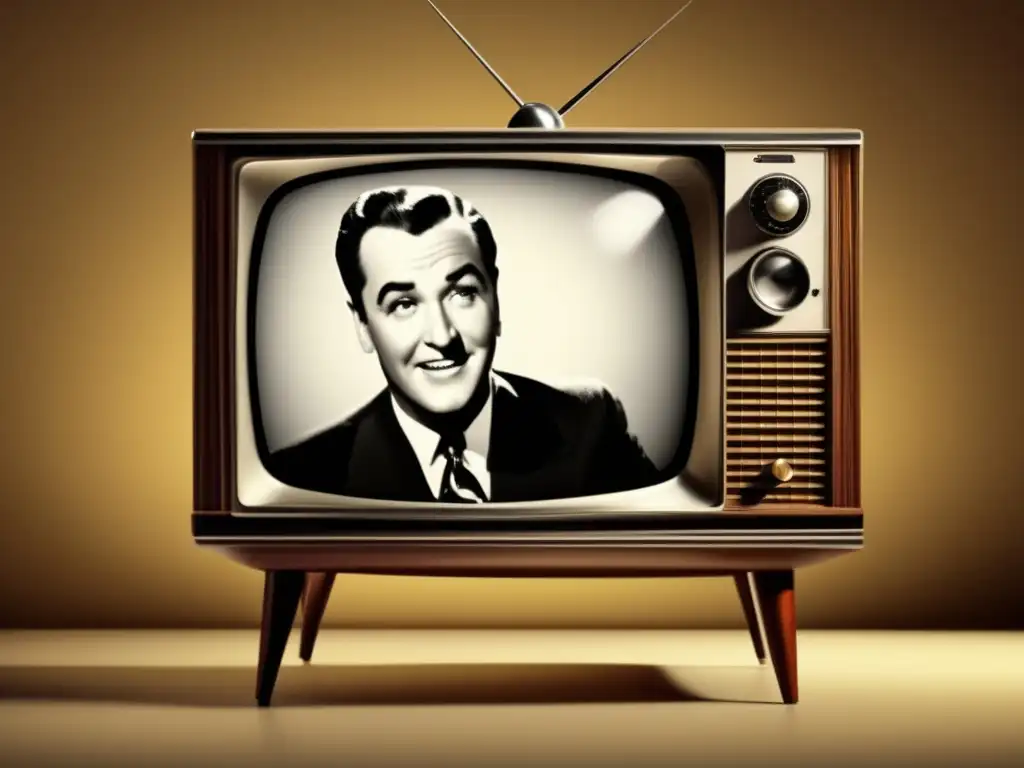 Una televisión vintage en una elegante sala de estar, con la pantalla mostrando una imagen en blanco y negro de una personalidad televisiva clásica