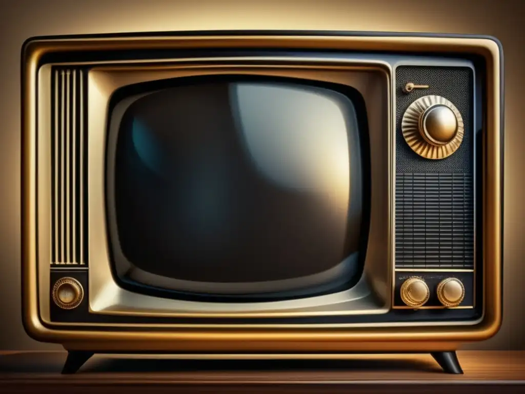 Una televisión vintage exhibe una pantalla brillante en blanco y negro, con intrincados detalles en los diales