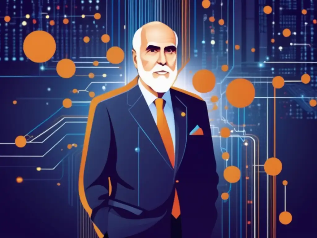Vinton Cerf inmerso en el código binario y nodos de red, simbolizando su papel en la creación del internet y la revolución en la comunicación