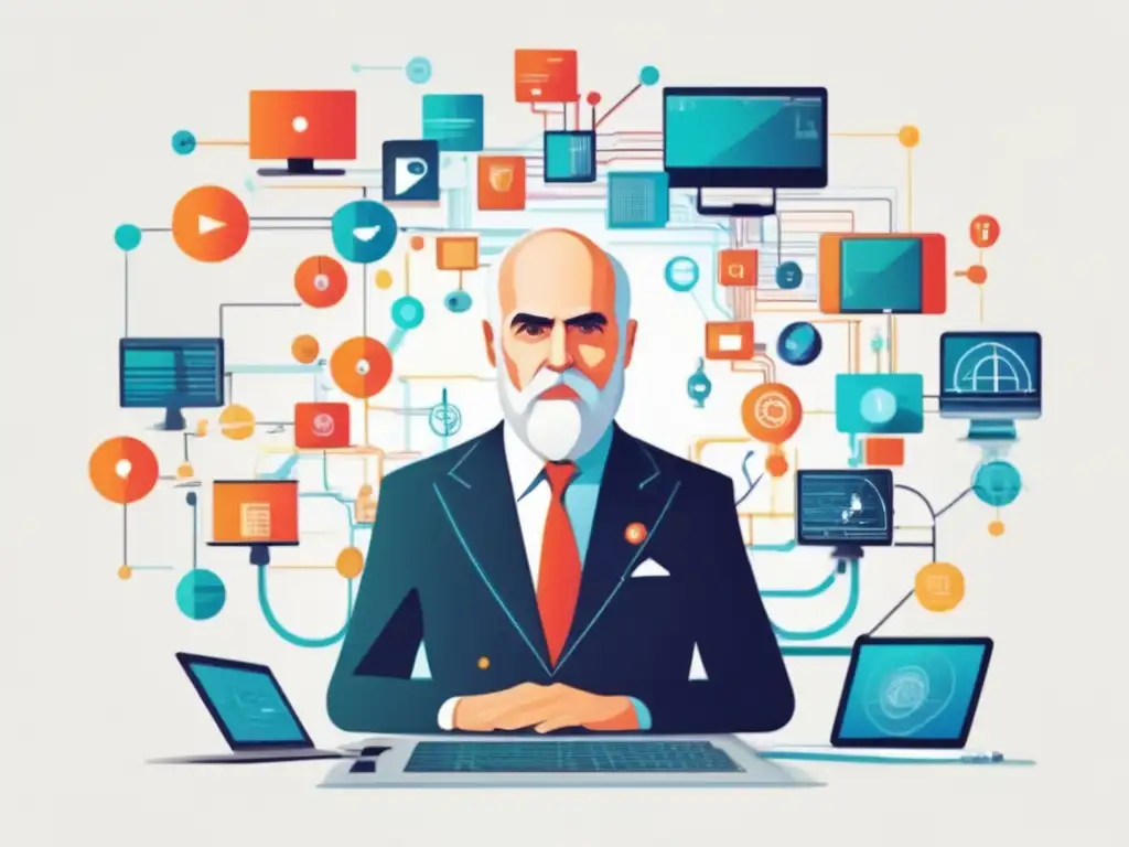 Vinton Cerf, creador del internet, rodeado de una red de dispositivos y flujos de datos, simbolizando su papel en la revolución de la comunicación