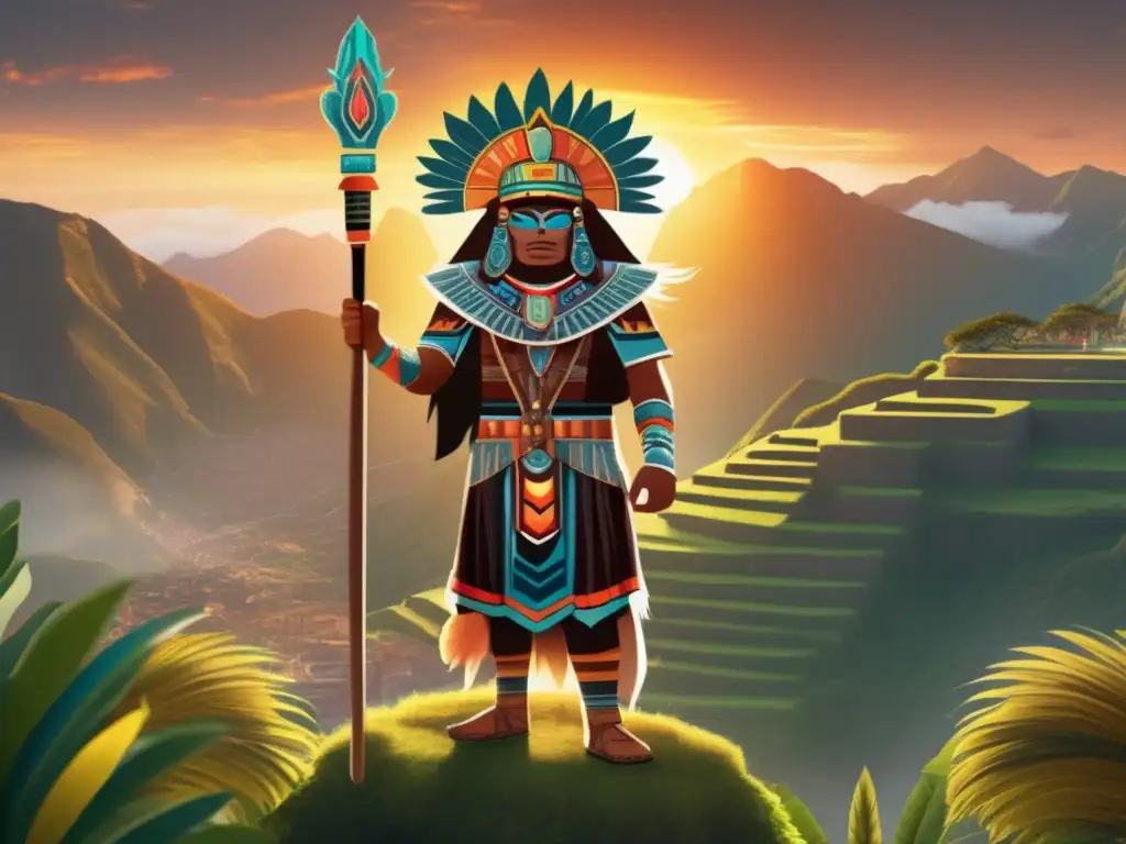 Viracocha, creador de la civilización inca, deidad poderosa, sabia y mística, se alza en la cima de la montaña al amanecer