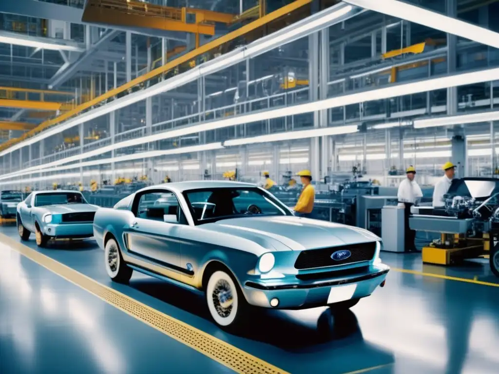 Una visión futurista de la línea de ensamblaje de Ford, destacando la revolución automotriz de Henry Ford