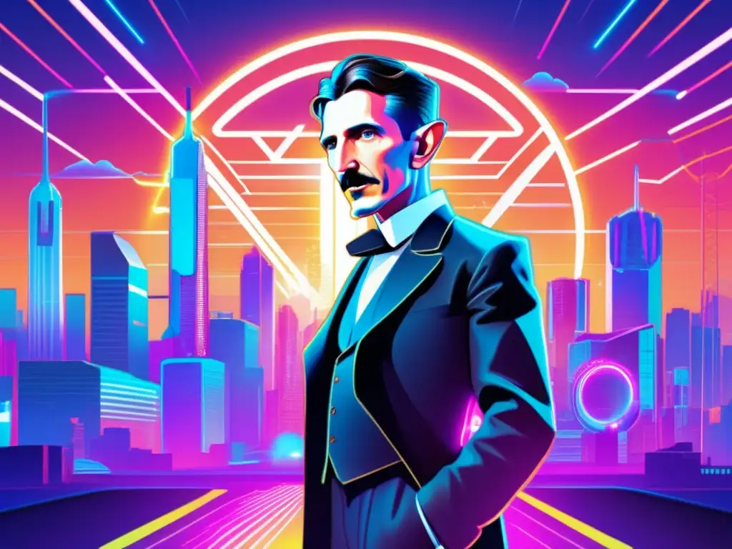 Nikola Tesla, visionario en ciudad futurista con energía eléctrica