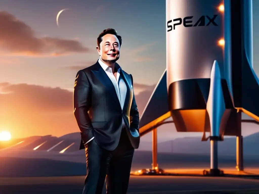 El visionario Elon Musk posa frente a un cohete de SpaceX, bañado por la cálida luz del atardecer