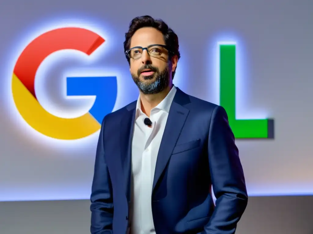 Sergey Brin Google, líder visionario de la era digital, frente al logo de Google, irradiando influencia e innovación