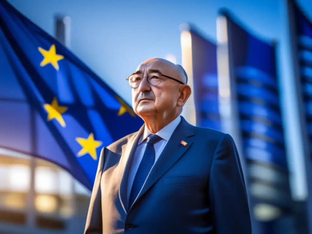 Jean Monnet sueña con la Unión Europea, líder visionario frente a la bandera de la UE y los edificios del Parlamento Europeo
