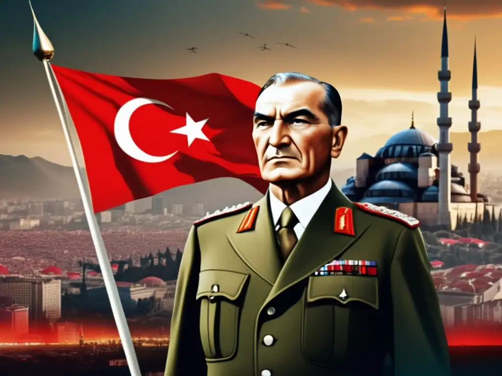 Mustafa Kemal Atatürk, líder visionario, frente a la bandera turca, simbolizando la modernización de Turquía bajo su guía