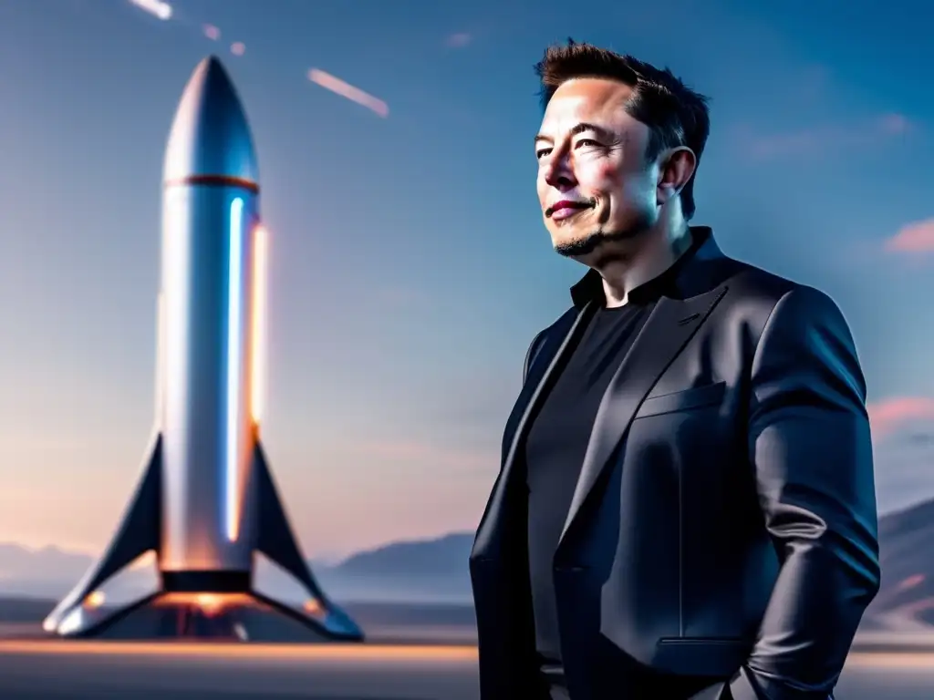 Elon Musk, líder visionario, frente a un cohete espacial futurista, simbolizando su influencia en la tecnología