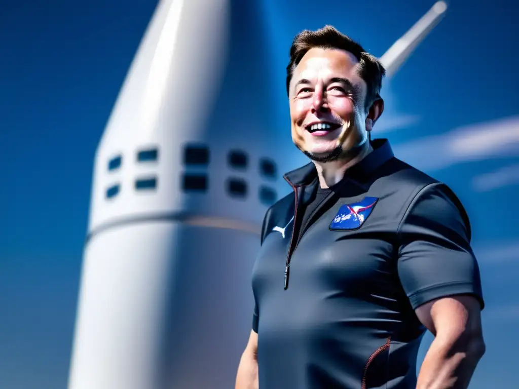 Elon Musk, líder visionario, frente a un cohete SpaceX, irradiando confianza y determinación