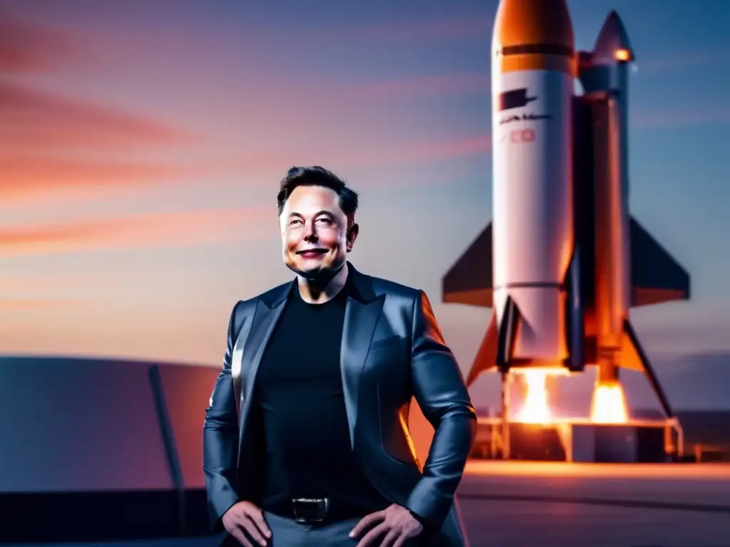 Un visionario Elon Musk frente a un cohete SpaceX al atardecer