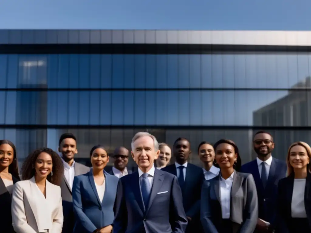 Bernard Arnault, líder visionario de LVMH, posa con determinación frente a su moderno edificio, rodeado de un equipo diverso y entusiasta