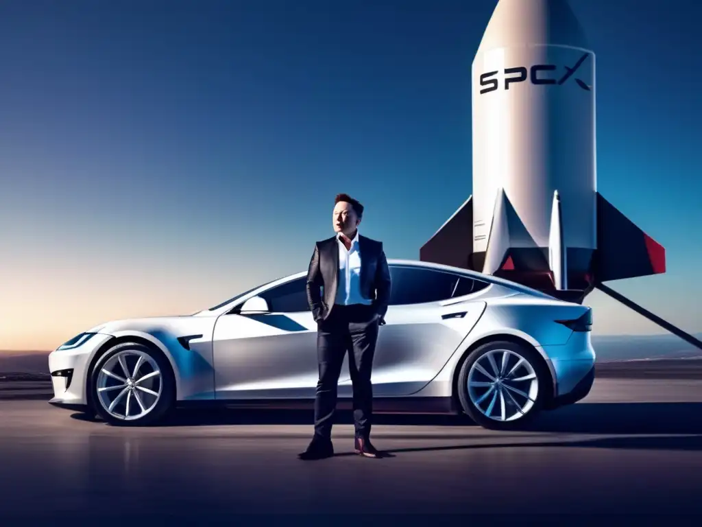 Elon Musk, visionario líder de SpaceX, observa el horizonte con determinación, junto a un futurista cohete
