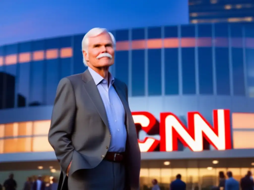 Ted Turner, visionario de la revolución de noticias 24/7 en CNN, junto a su equipo, con el atardecer iluminando la sede