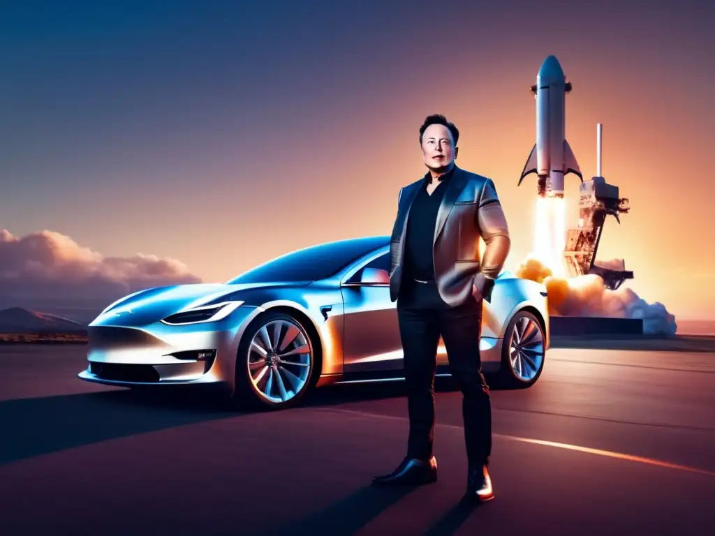 El visionario Elon Musk de SpaceX frente a un cohete, con un atardecer brillante
