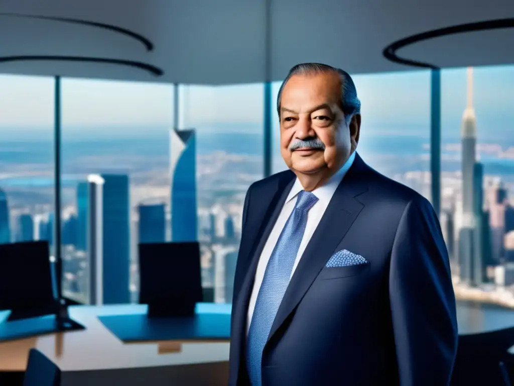 Carlos Slim, líder visionario en telecomunicaciones, en una oficina moderna rodeado de tecnología punta, proyecta poder e innovación