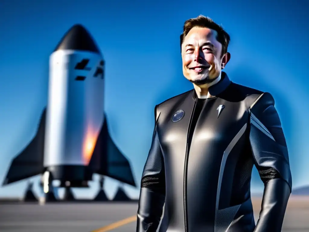 El visionario Elon Musk, con traje espacial negro, mira determinado hacia el horizonte, junto a un cohete de SpaceX