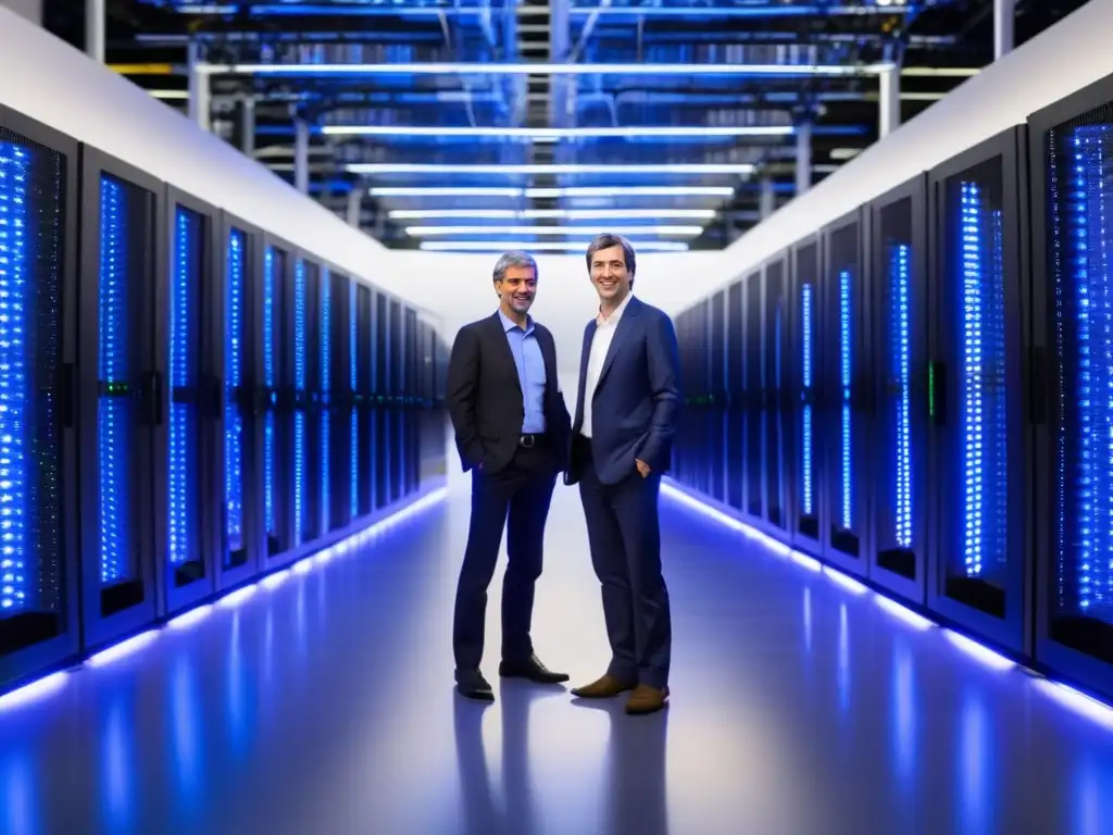 Dos visionarios, Larry Page y Sergey Brin, frente a un centro de datos futurista de Google