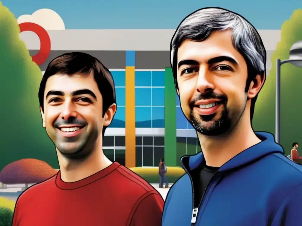 Dos visionarios fundadores de Google, Larry Page y Sergey Brin, posan frente a su campus, irradiando innovación y éxito