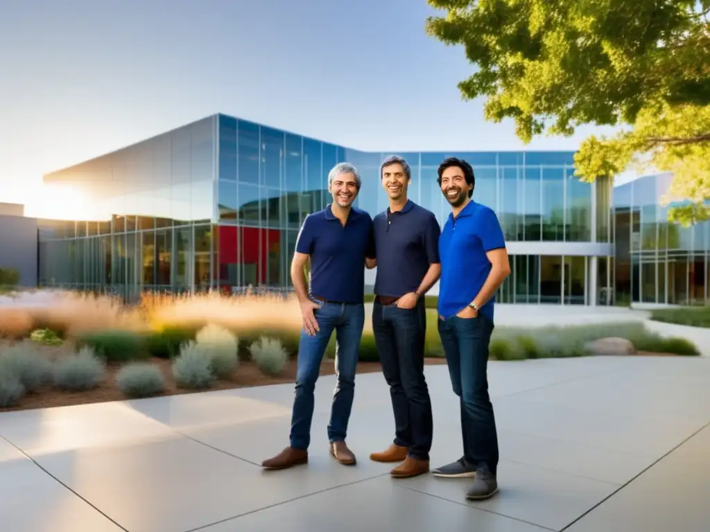 Dos visionarios, Larry Page y Sergey Brin, sonrientes frente a un moderno edificio de oficinas de Google