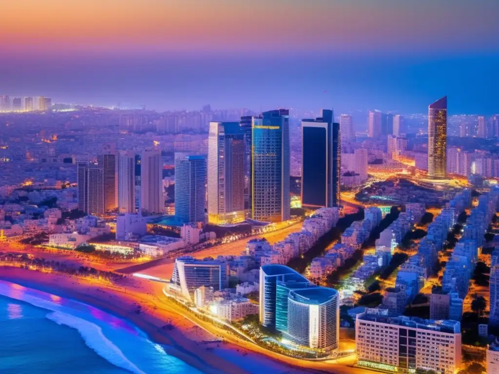 Vista aérea de Tel Aviv al atardecer, con modernos rascacielos y el resplandeciente mar Mediterráneo