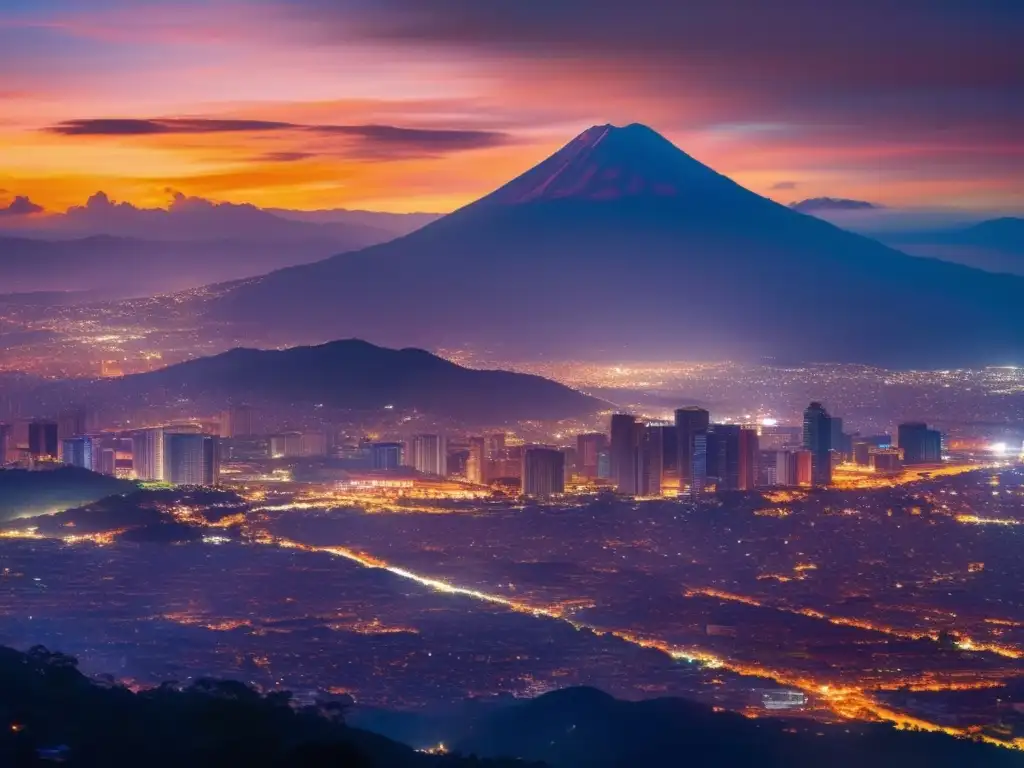 Vista aérea de la Ciudad de Guatemala al atardecer, con luces de la ciudad y montañas al fondo