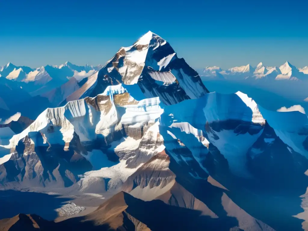 Vista aérea imponente del Monte Everest, con alpinistas ascendiendo