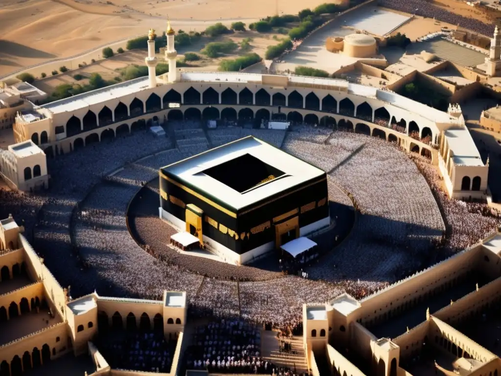 Una vista aérea impresionante de la Gran Mezquita de La Meca, con fieles reunidos alrededor de la Kaaba