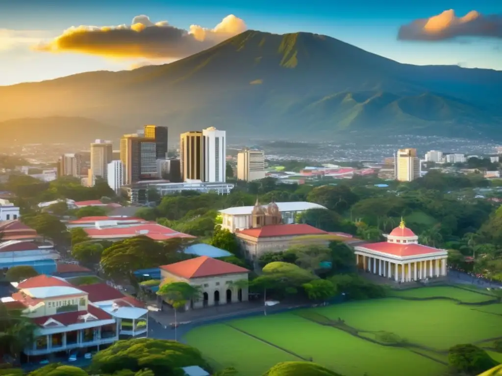 Una vista aérea impresionante de la histórica ciudad de San José, Costa Rica, mostrando la influencia de Tomás Guardia en la arquitectura colonial, con rascacielos modernos