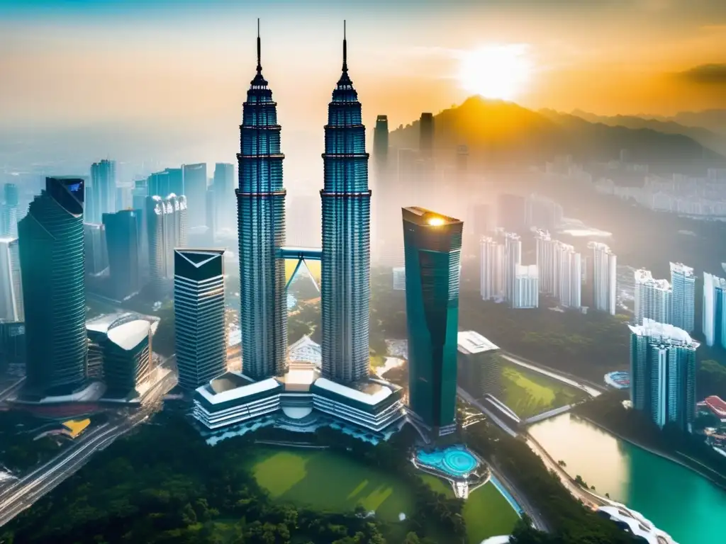 Una vista aérea impresionante de las icónicas Torres Gemelas Petronas en Kuala Lumpur, Malasia