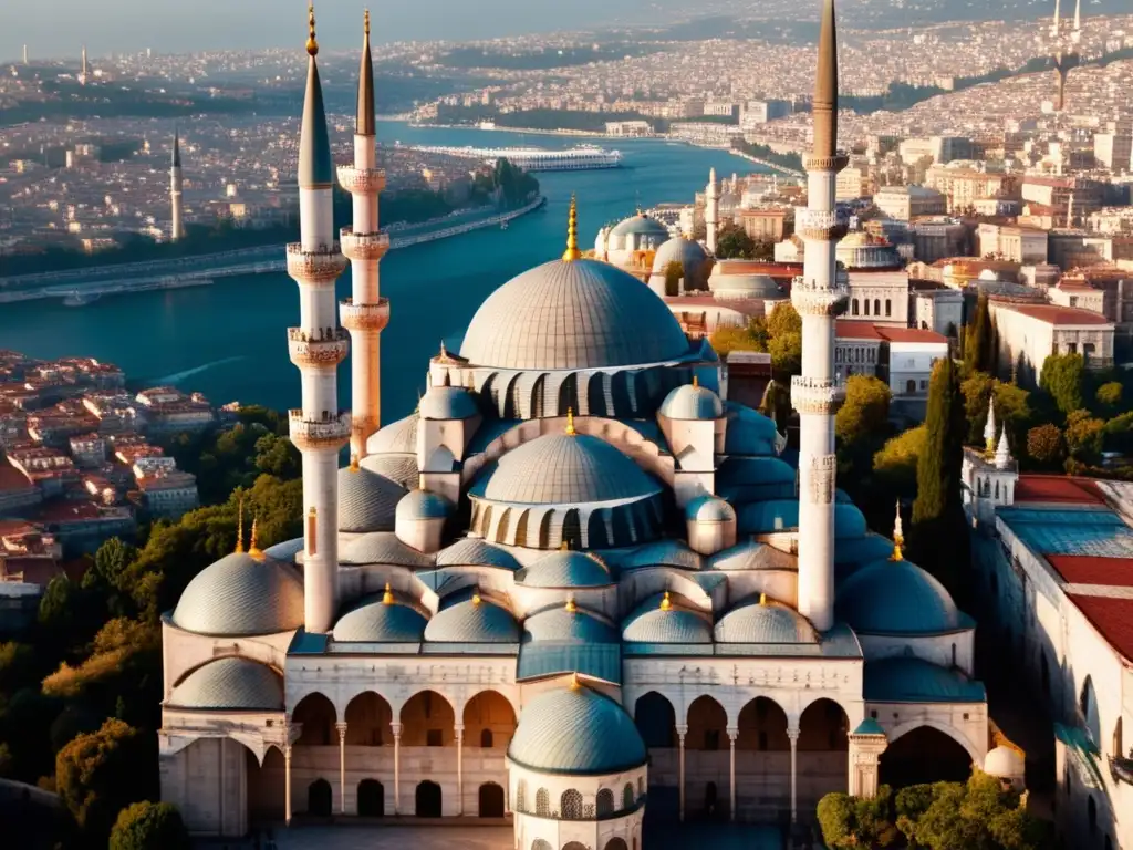 Una vista aérea impresionante de la Mezquita Süleymaniye en Estambul, destacando los detalles de sus cúpulas, minaretes y patio