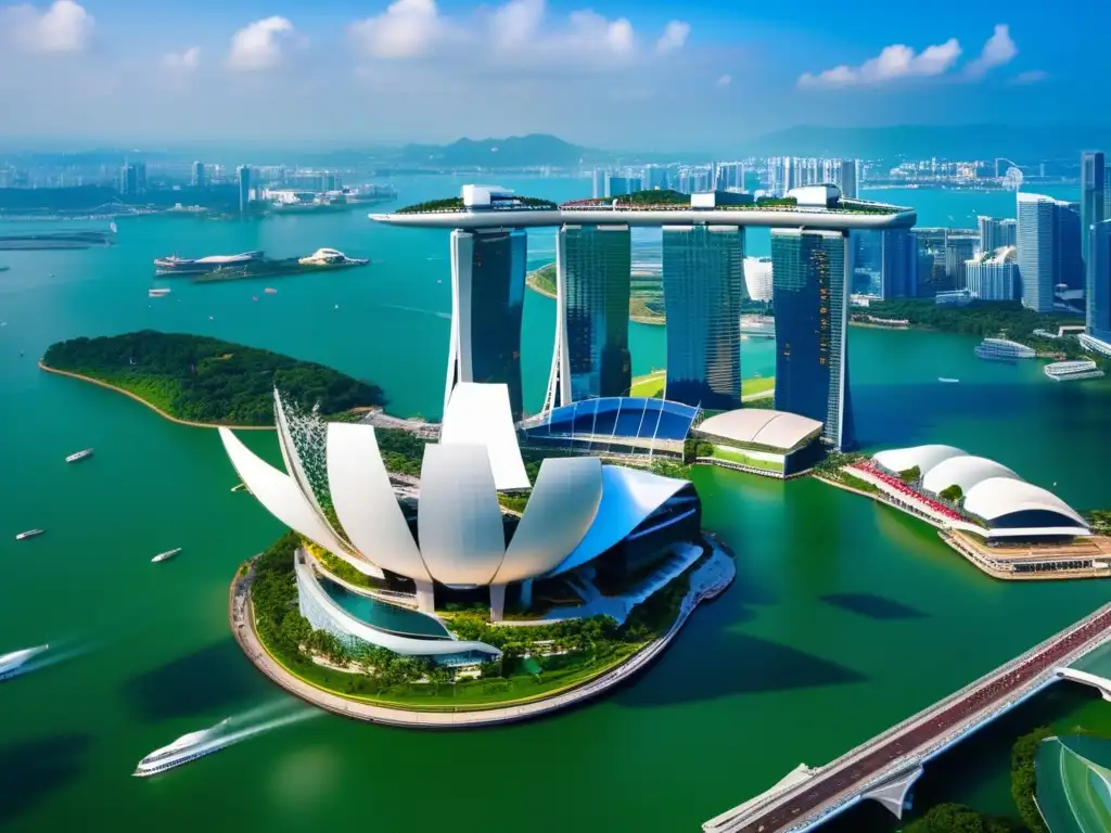 Vista aérea impresionante del moderno skyline de Singapur, con el icónico edificio Marina Bay Sands resplandeciendo al sol