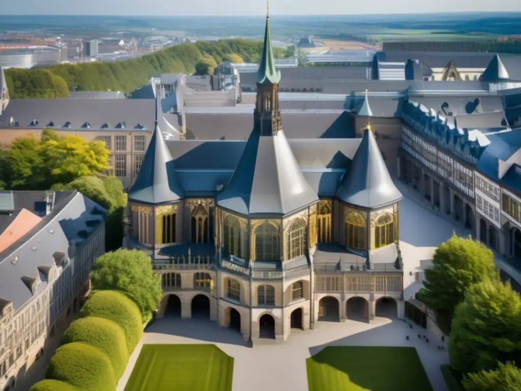Vista aérea impresionante del Palacio de Aquisgrán, reflejando la grandeza de la arquitectura carolingia y su impacto en la cultura europea