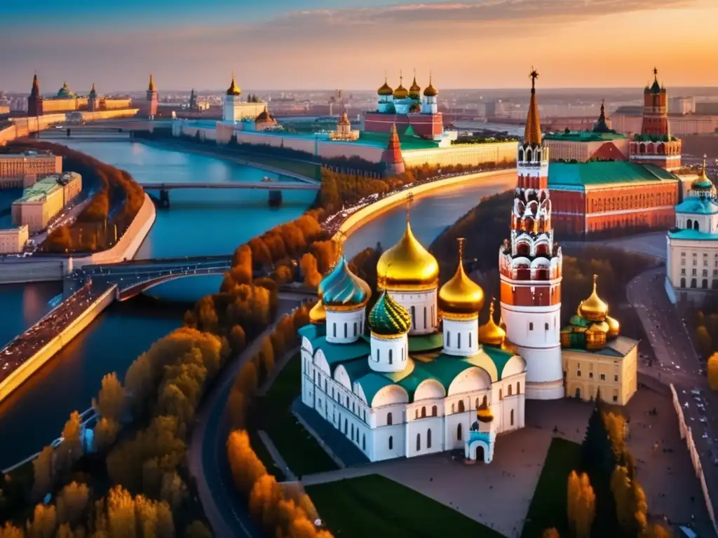 Vista aérea del Kremlin al atardecer con cúpulas doradas y río Moskva