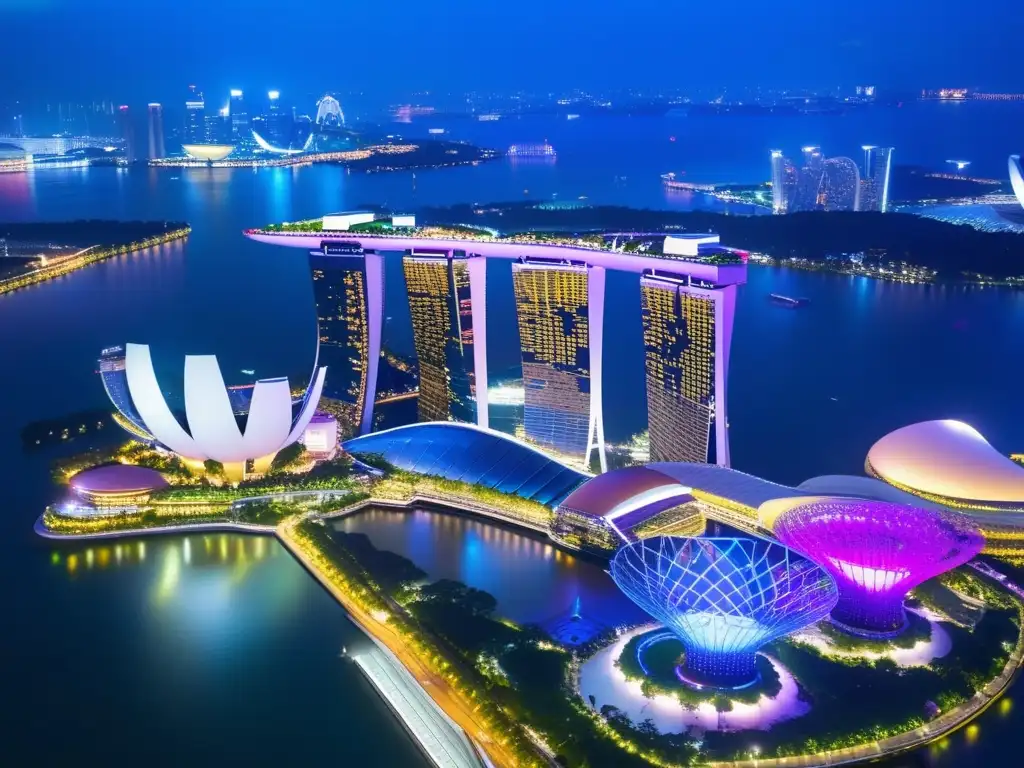Una vista aérea del moderno skyline de Singapur, con el icónico hotel Marina Bay Sands y el futurista Supertree Grove en Gardens by the Bay