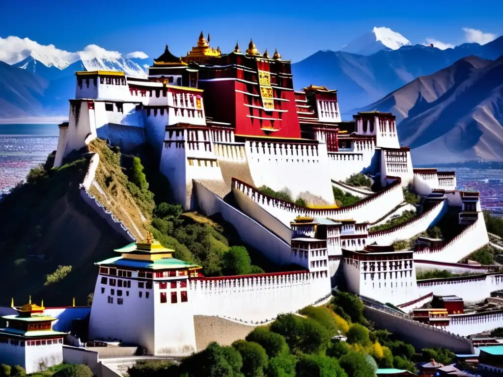 Majestuoso Palacio Potala de Lhasa, Tibet con Himalayas al fondo Vista aérea de alta resolución del Palacio Potala en Lhasa, Tíbet, con los majestuosos Himalayas de fondo