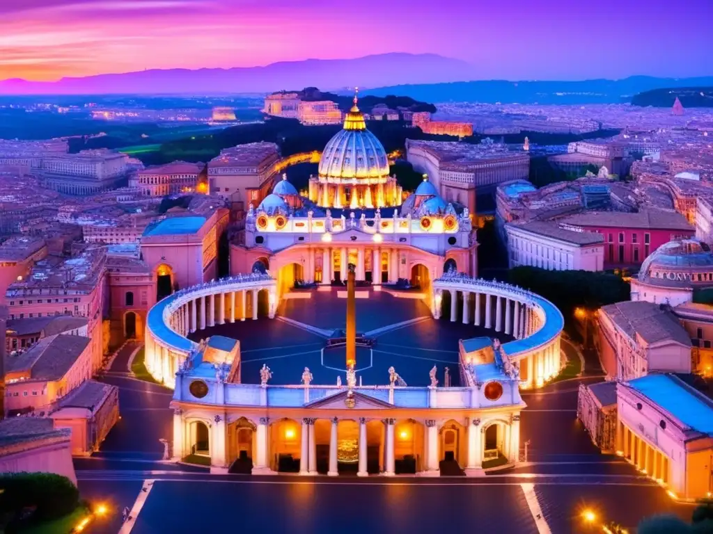 Una vista aérea panorámica de la Ciudad del Vaticano al atardecer, con la icónica cúpula de la Basílica de San Pedro y la intrincada arquitectura de los Museos Vaticanos