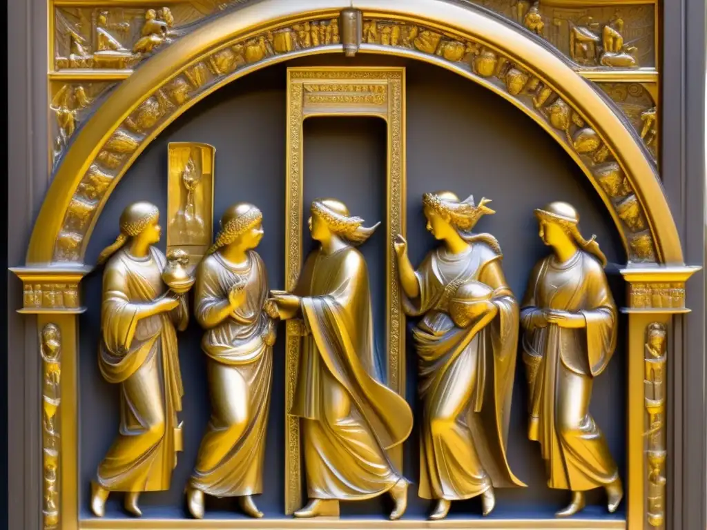 Una vista cercana de las detalladas esculturas en relieve de las Puertas del Paraíso de Lorenzo Ghiberti, resplandeciendo bajo la luz del sol con sombras dinámicas