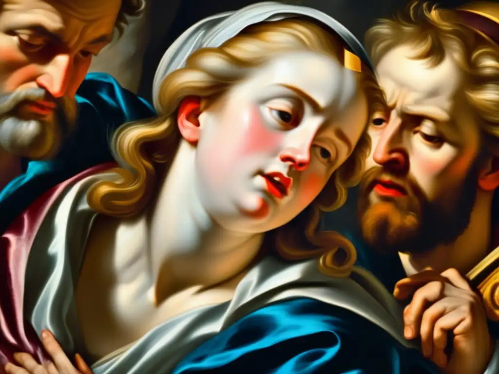 Una vista cercana de la dinámica pasión de la pintura barroca de Rubens, con detalles intrincados y juego de luces y sombras