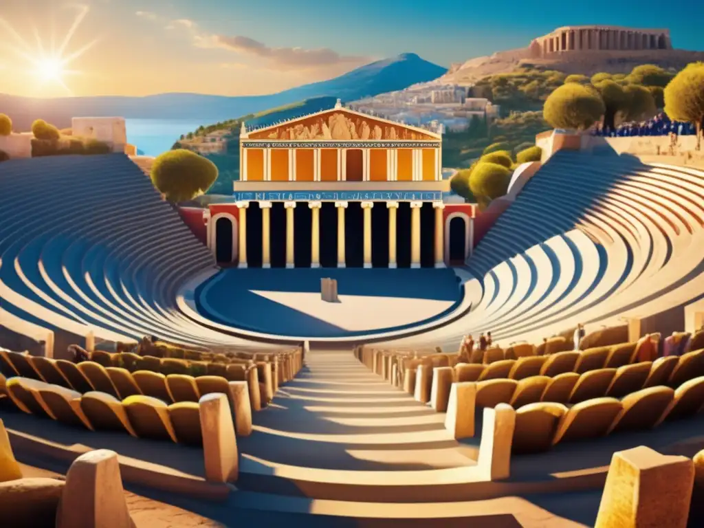 Vista detallada de anfiteatro griego antiguo en 8k, con esculturas, bajo cálido sol