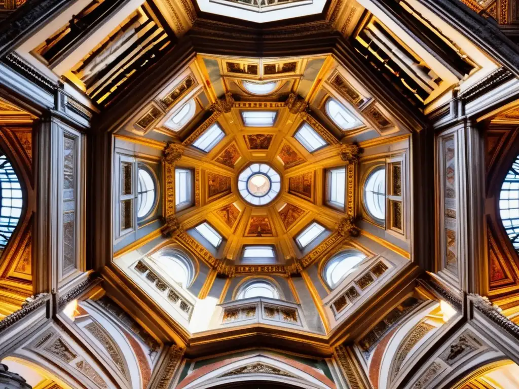 Una vista detallada de la cúpula de la Catedral de Florencia, resaltando los intrincados patrones geométricos y la arquitectura innovadora de Filippo Brunelleschi durante el Renacimiento