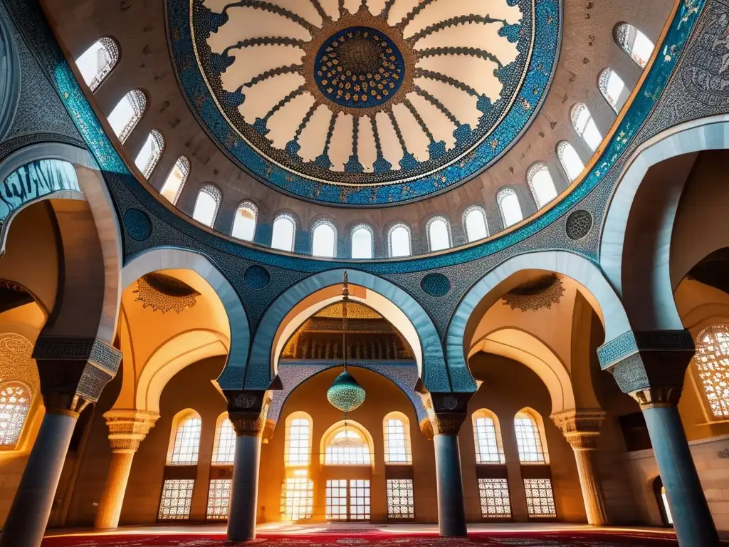 Una vista detallada y majestuosa del interior de la Mezquita Süleymaniye en Estambul, resaltando la arquitectura otomana de Mimar Sinan