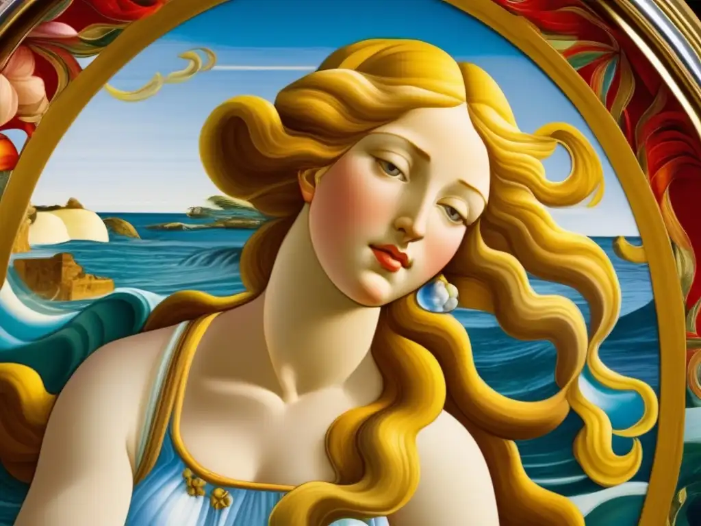 Una vista detallada de 'El nacimiento de Venus' de Botticelli, resaltando sus colores vibrantes y la iconografía en la pintura
