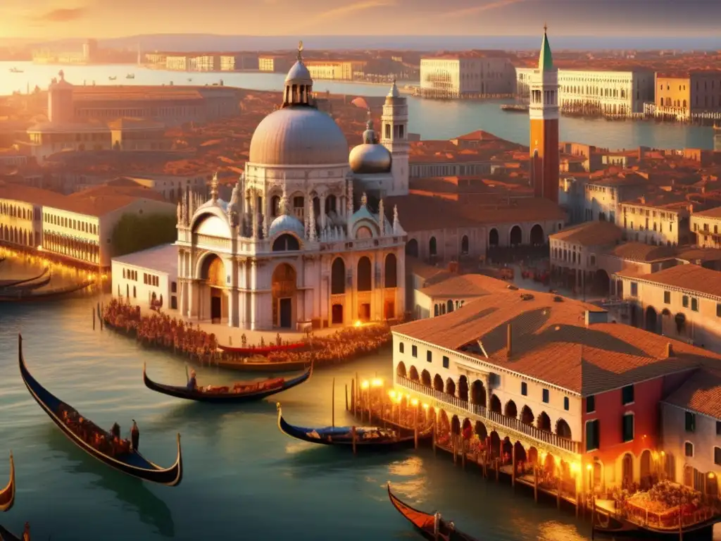 Vista detallada de Venecia en el siglo XIII, con el bullicioso puerto, góndolas y arquitectura histórica