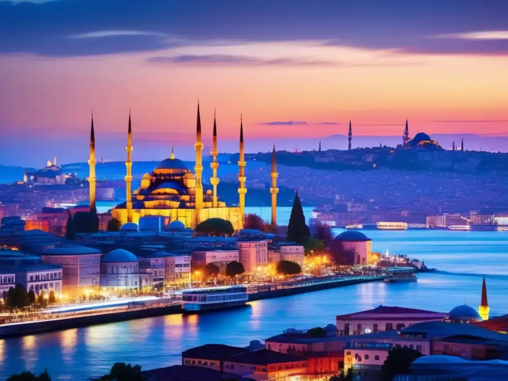 Vista detallada del skyline de Estambul al atardecer, con la icónica silueta de la Mezquita Azul y Hagia Sophia destacando contra el cielo colorido